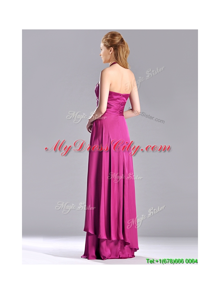 Classical Halter Top Fuchsia Long Prom Dress in Elastic Woven Satin