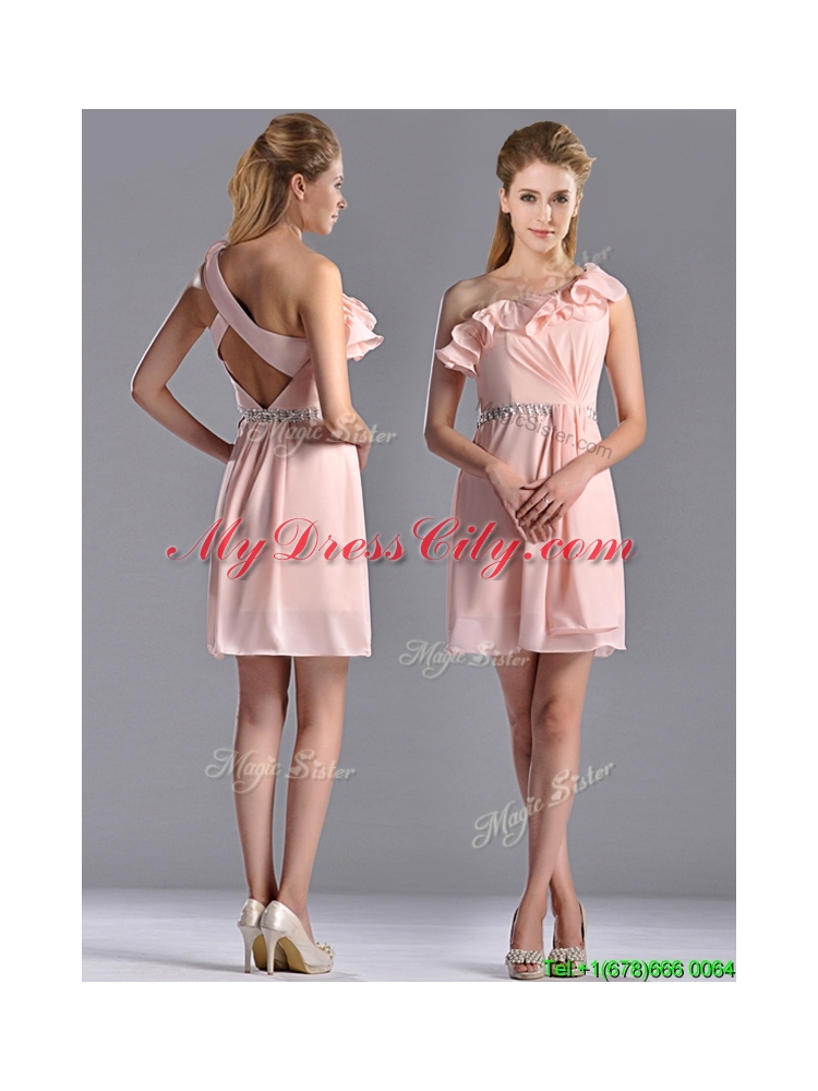 Latest Beaded and Ruffled Pink Bridesmaid Dress with Criss Cross