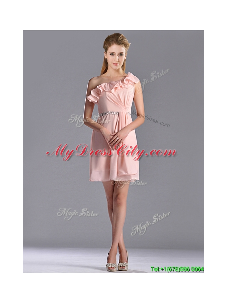 Latest Beaded and Ruffled Pink Bridesmaid Dress with Criss Cross