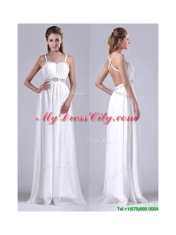 New Style Beaded Top and Waist White Bridesmaid Dress with Criss Cross