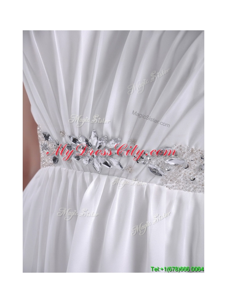 New Style Beaded Top and Waist White Bridesmaid Dress with Criss Cross