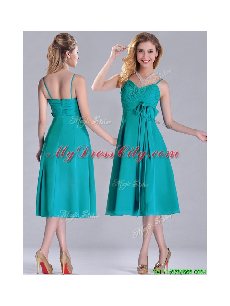 Spaghetti Straps Ruched and Belted Turquoise Bridesmaid Dress in Tea Length