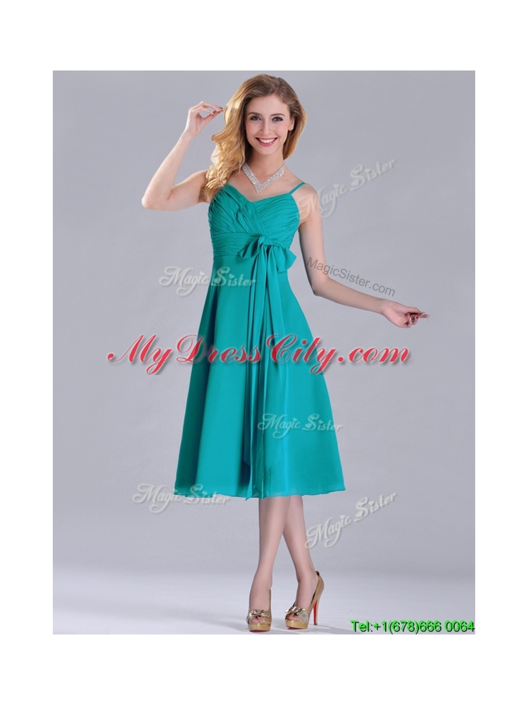 Spaghetti Straps Ruched and Belted Turquoise Bridesmaid Dress in Tea Length