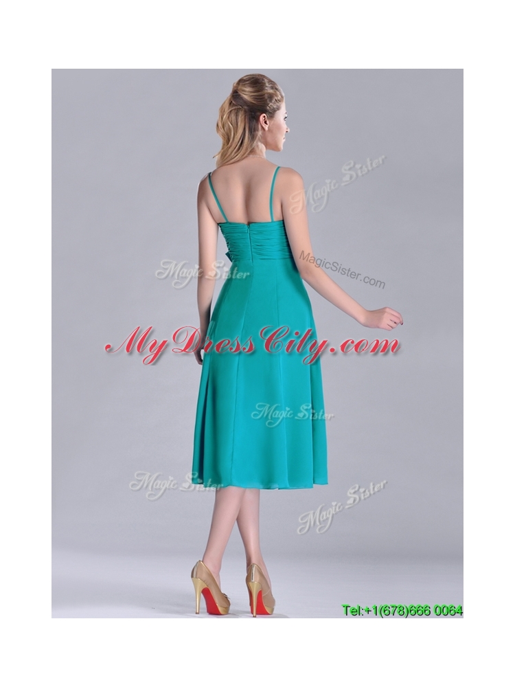 Spaghetti Straps Ruched and Belted Turquoise Bridesmaid Dress in Tea Length