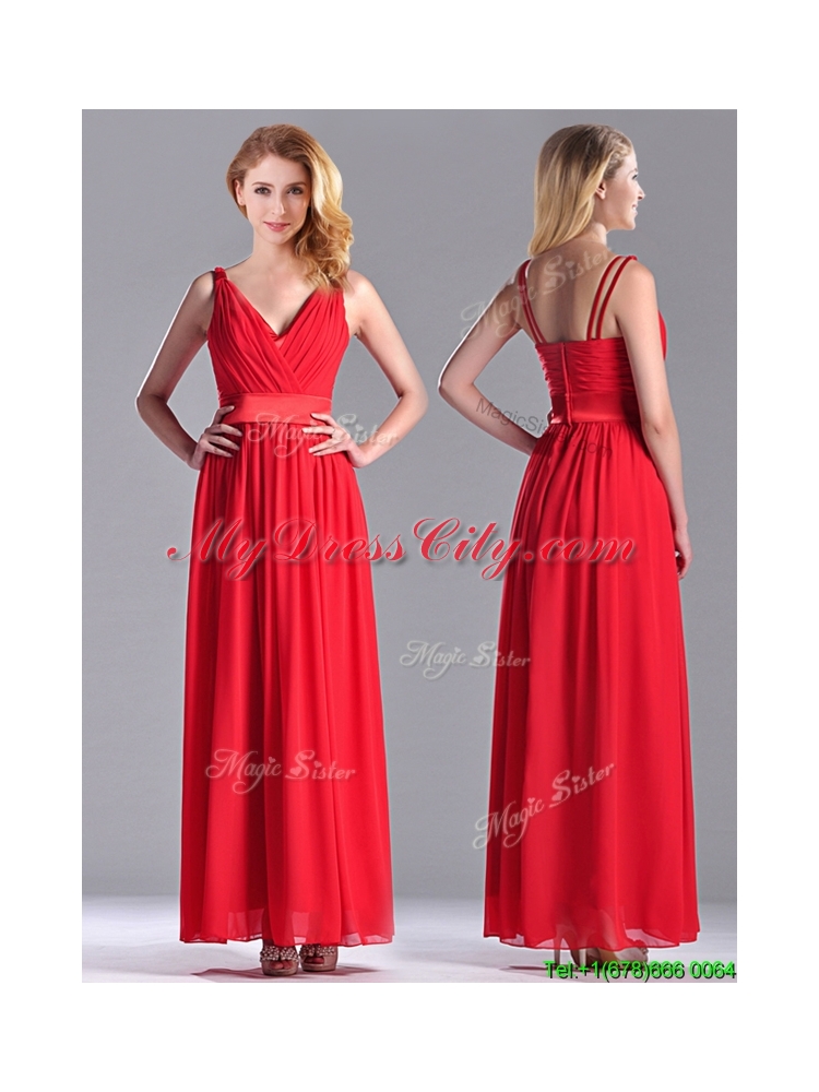 The Super Hot Empire V Neck Red Bridesmaid Dress in Ankle Length