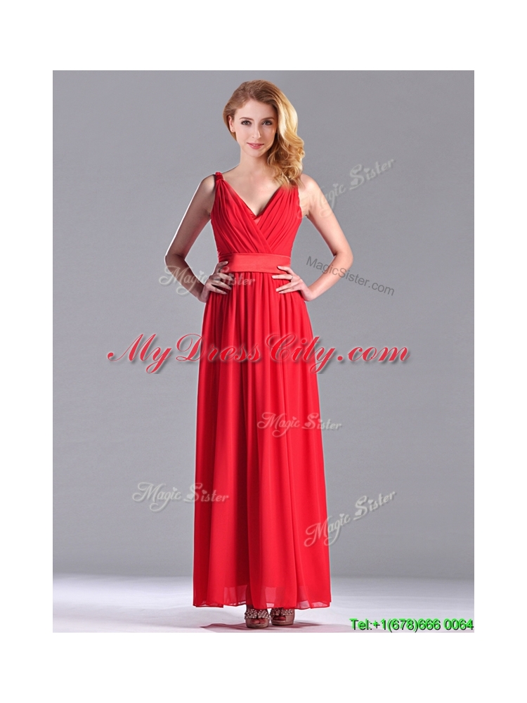 The Super Hot Empire V Neck Red Bridesmaid Dress in Ankle Length