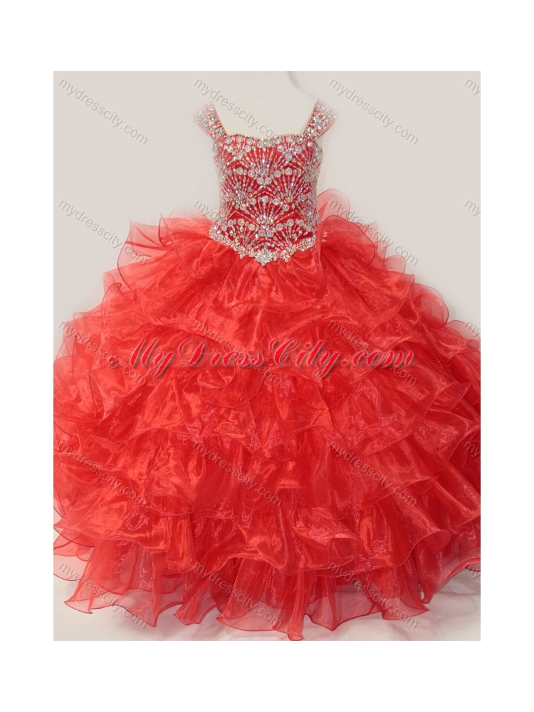 2016 Ball Gown Straps Organza Beaded Bodice Lace Up Little Girl Pageant Dress in Red