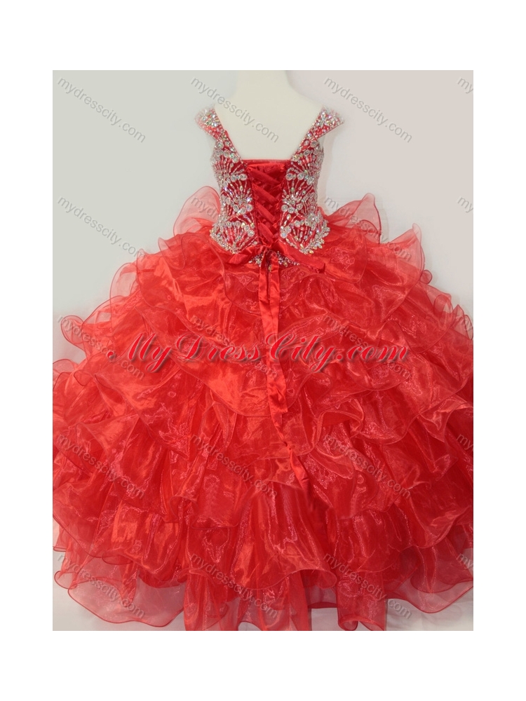 2016 Ball Gown Straps Organza Beaded Bodice Lace Up Little Girl Pageant Dress in Red