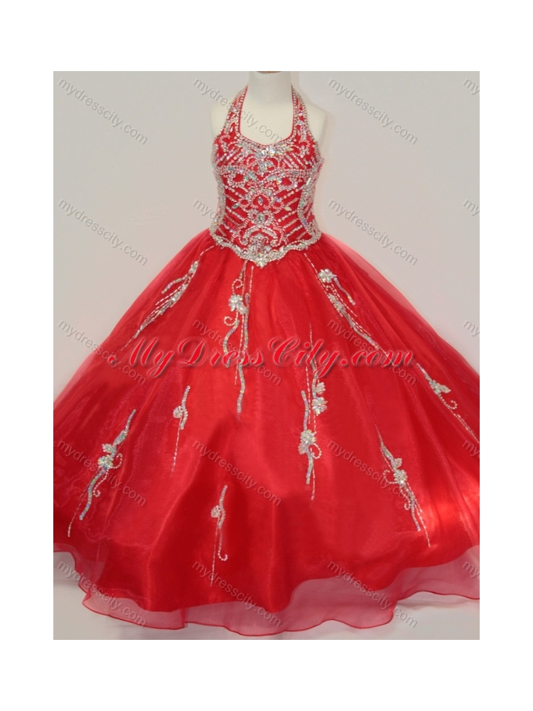 2016 Lovely Organza Halter Top Beaded Little Girl Pageant Dress in Red