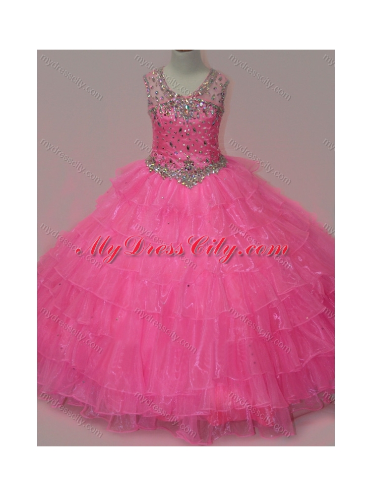 2016 Pretty Rose Pink Little Girl Pageant Dress with Beading and Ruffled Layers