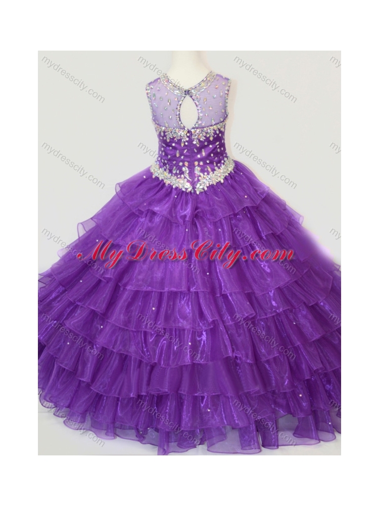 2016 Pretty Rose Pink Little Girl Pageant Dress with Beading and Ruffled Layers