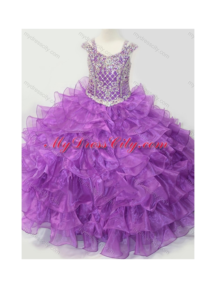 2016 Puffy Skirt V-neck Lace Up Little Girl Pageant Dress with Straps and Ruffled Layers