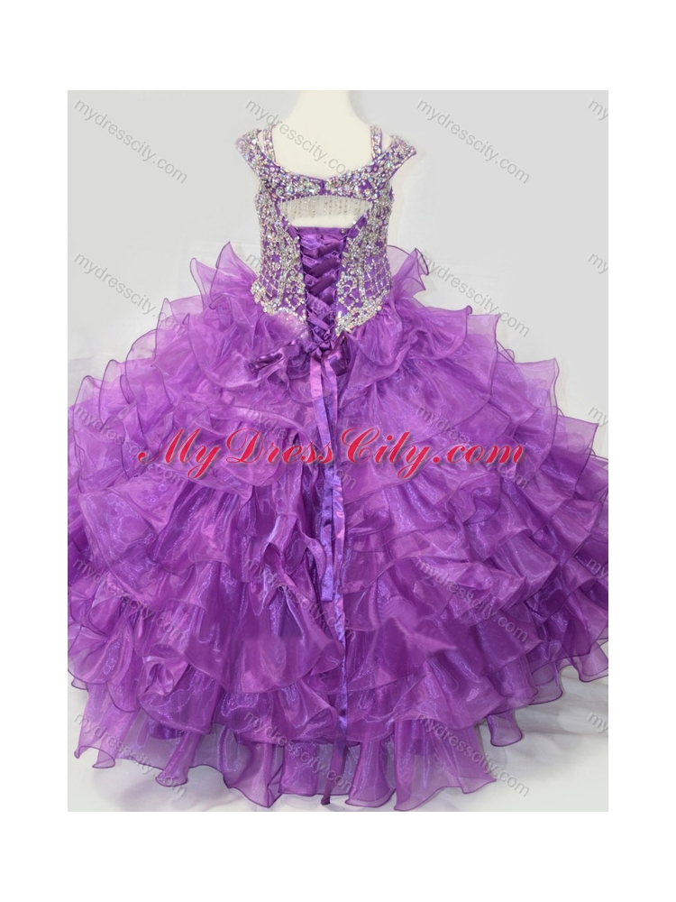 2016 Puffy Skirt V-neck Lace Up Little Girl Pageant Dress with Straps and Ruffled Layers