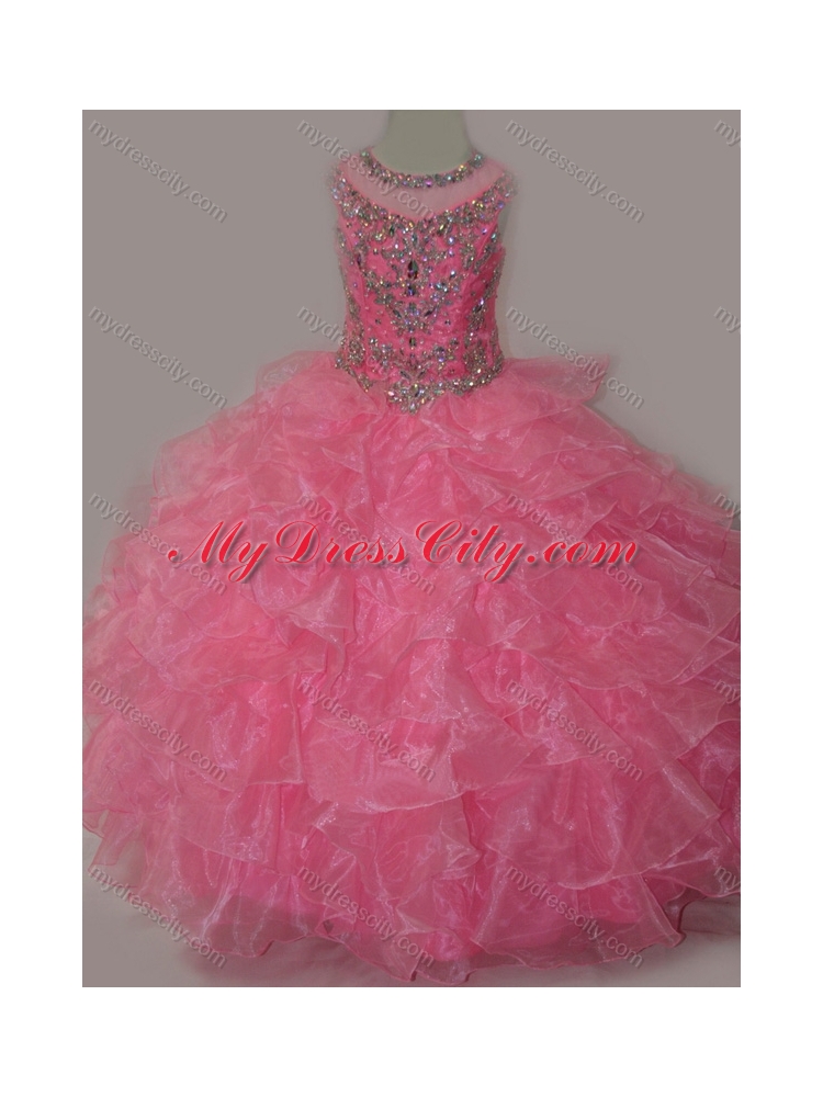 2016 Rose Pink Ball Gown Scoop Beaded Bodice Lace Up Little Girl Pageant Dress