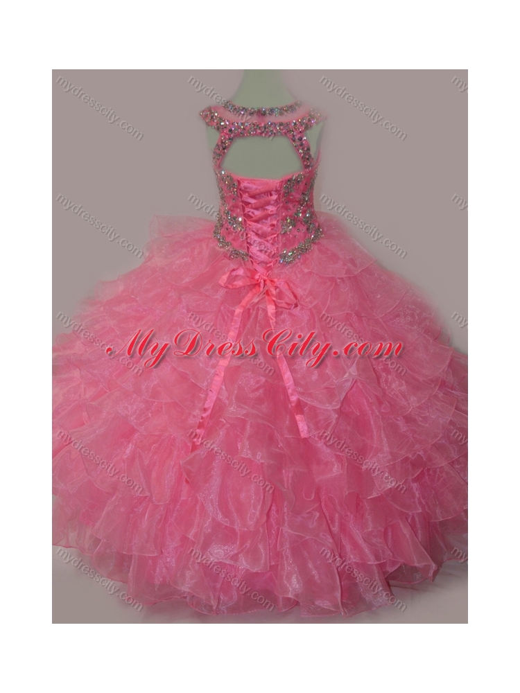 2016 Rose Pink Ball Gown Scoop Beaded Bodice Lace Up Little Girl Pageant Dress