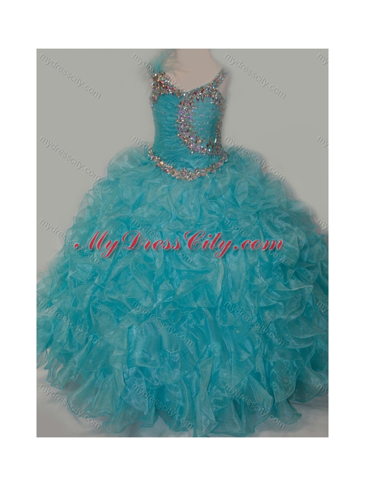 Elegant Ball Gown V Neck Organza Beading Aqua Blue Lace Up Little Girl Pageant Dress