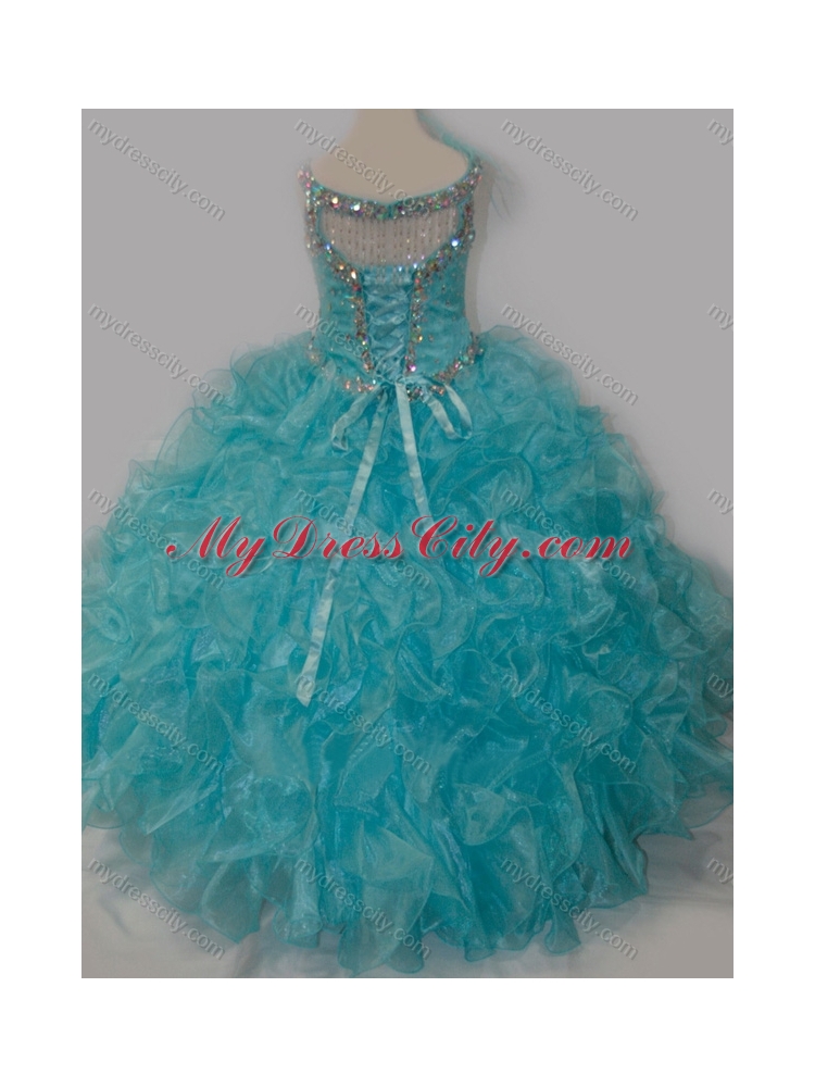 Elegant Ball Gown V Neck Organza Beading Aqua Blue Lace Up Little Girl Pageant Dress