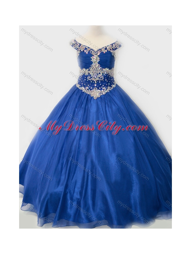 Popular Beaded Bodice Royal Blue Little Girl Pageant Dress in Organza