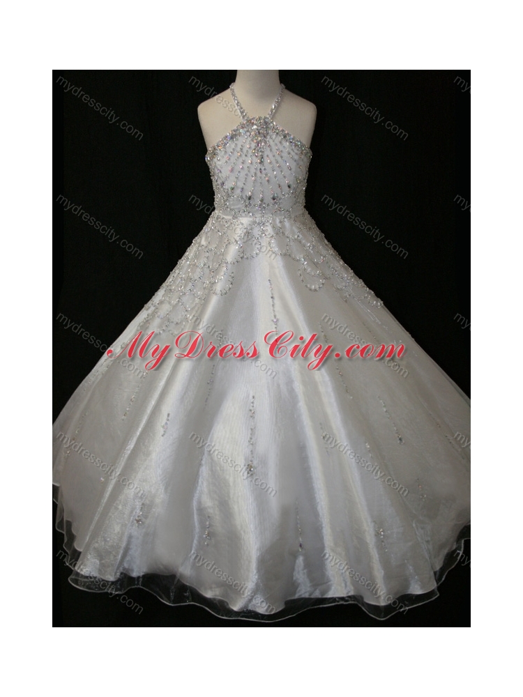 Elegant A Line Beaded Decorated Halter Top and Bodice  Flower Girl Dress