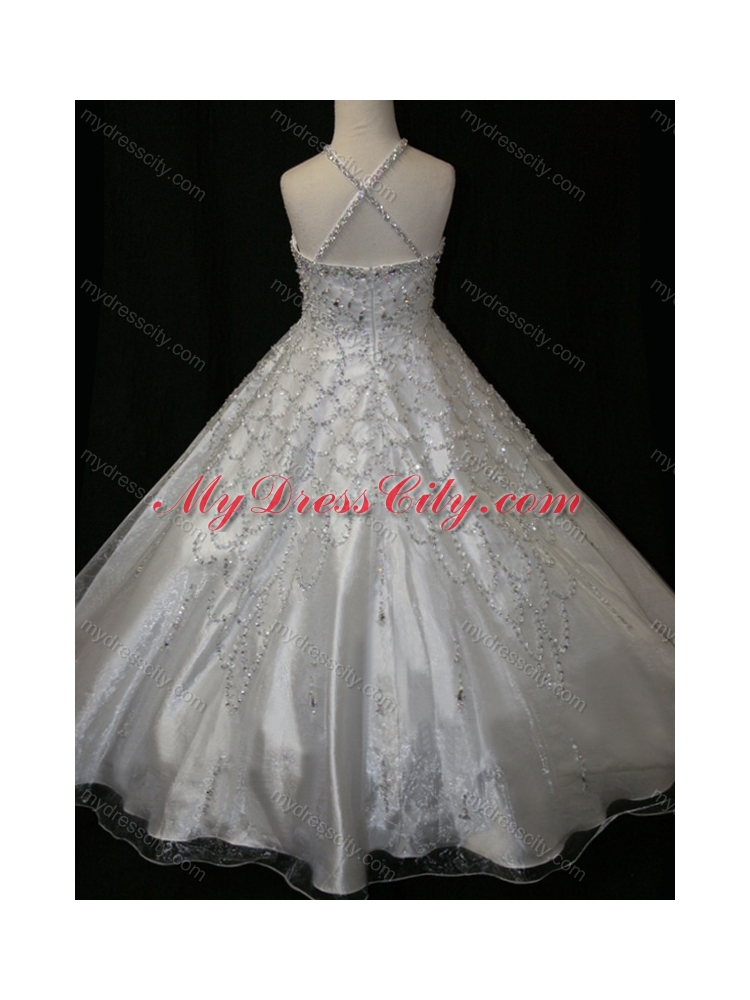 Elegant A Line Beaded Decorated Halter Top and Bodice  Flower Girl Dress