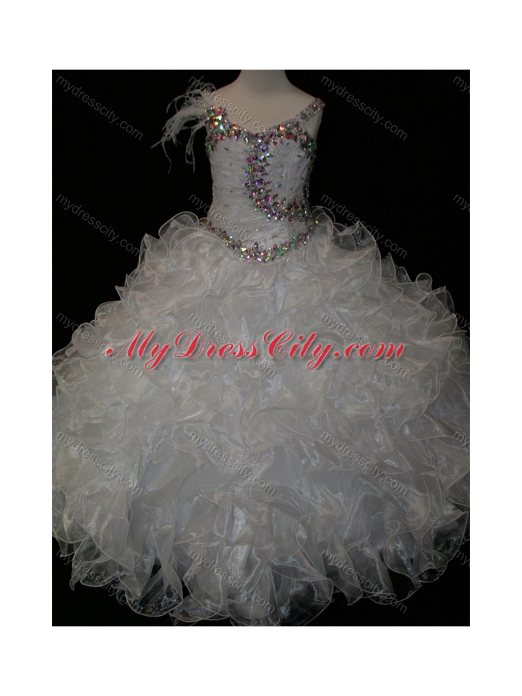 Elegant Ball Gown V Neck Organza Beading Lace Up Cheap Flower GirlDress in White