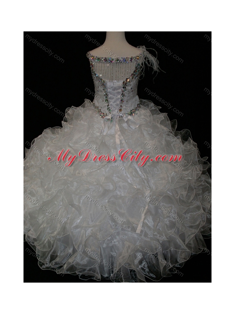 Elegant Ball Gown V Neck Organza Beading Lace Up Cheap Flower GirlDress in White