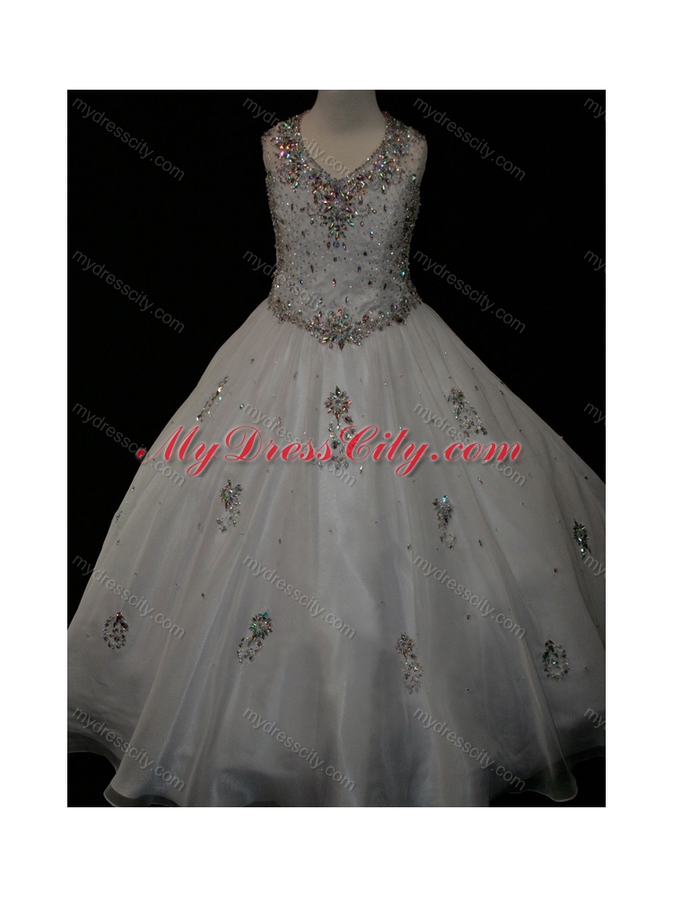 Pretty Ball Gown Beaded and Applique White Cheap Flower Girl  Dress in Organza