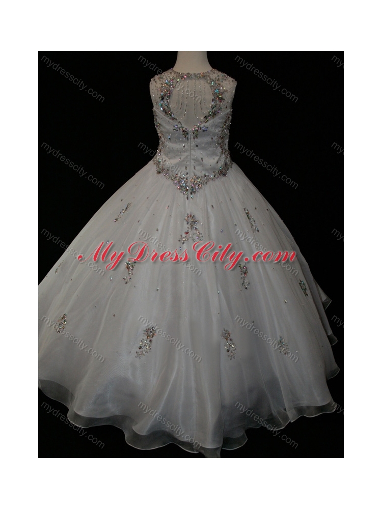 Pretty Ball Gown Beaded and Applique White Cheap Flower Girl  Dress in Organza