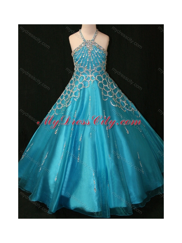 Beaded Decorated Halter Top and Bodice Teal  Mini Quinceanera Dress with Criss Cross