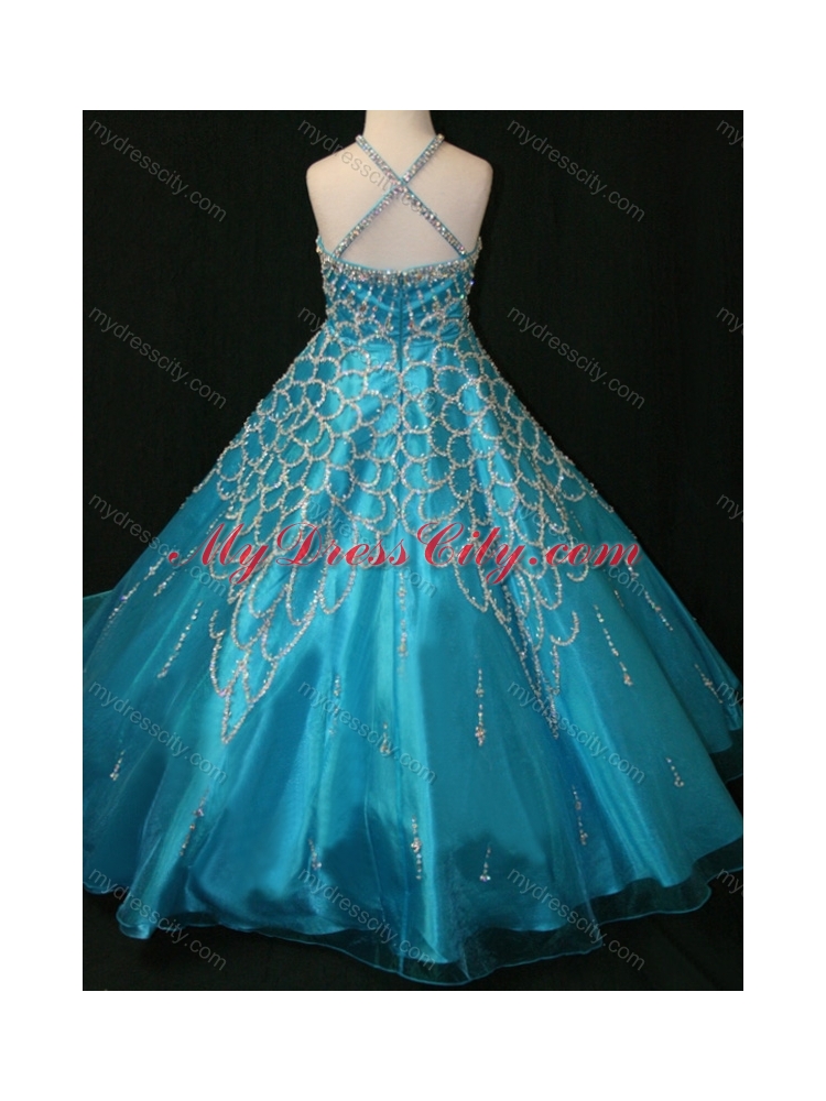 Beaded Decorated Halter Top and Bodice Teal  Mini Quinceanera Dress with Criss Cross