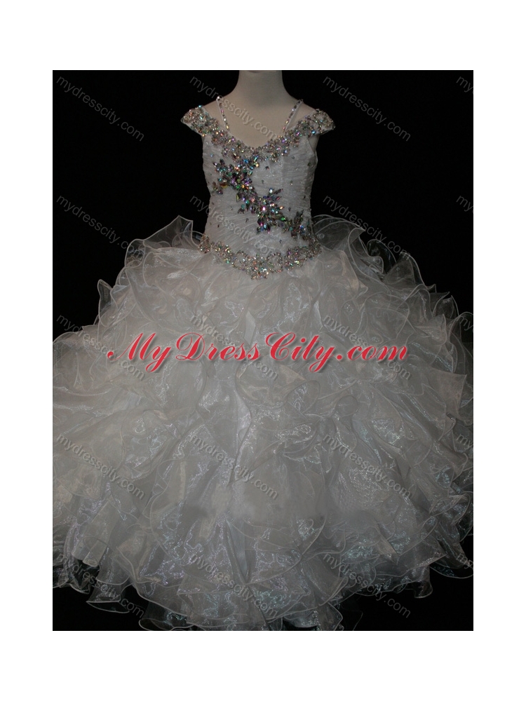 Big Puffy V-neck Ruffled Flower Girl Dress with Spaghetti Straps and Sequins