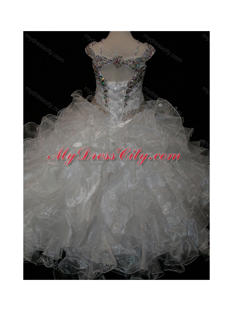 Big Puffy V-neck Ruffled Flower Girl Dress with Spaghetti Straps and Sequins