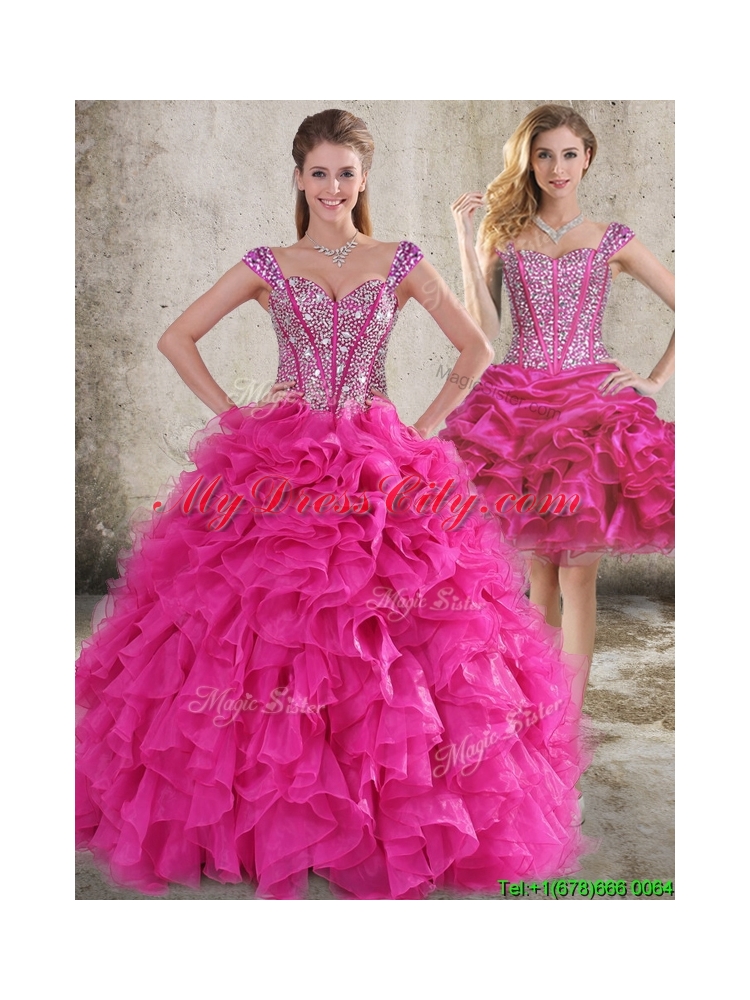 Classical Ruffled and Beaded Bodice Detachable Quinceanera Dress in Hot Pink