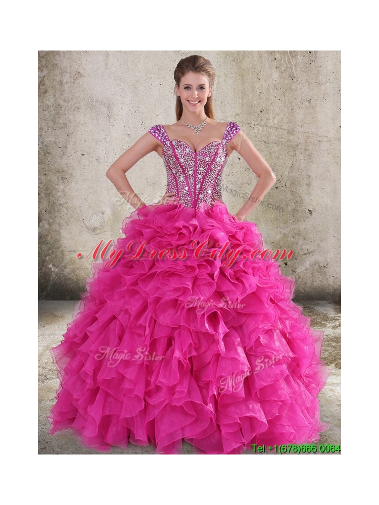 Classical Ruffled and Beaded Bodice Detachable Quinceanera Dress in Hot Pink