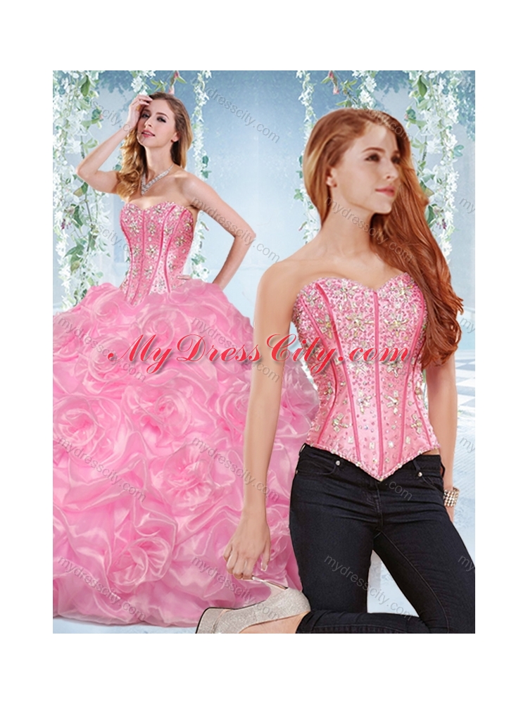 Discount Organza Rose Pink Detachable Quinceanera Gown with Beading and Bubbles