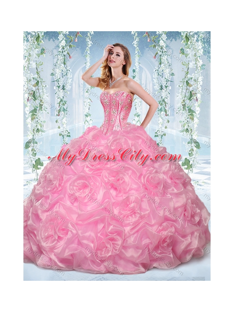 Discount Organza Rose Pink Detachable Quinceanera Gown with Beading and Bubbles