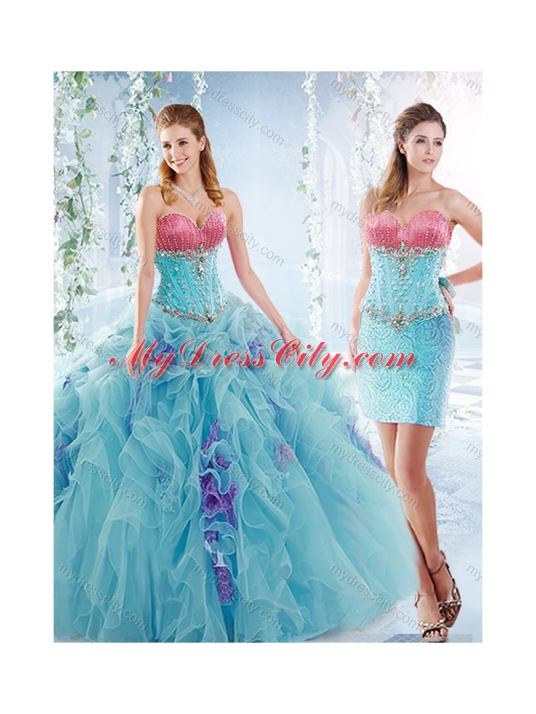 Latest Ruffled and Beaded Detachable Quinceanera Gowns in Aquamarine