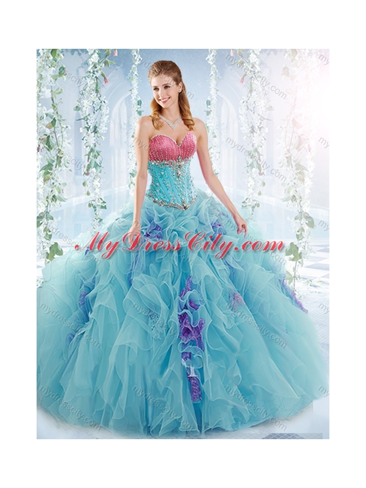 Latest Ruffled and Beaded Detachable Quinceanera Gowns in Aquamarine