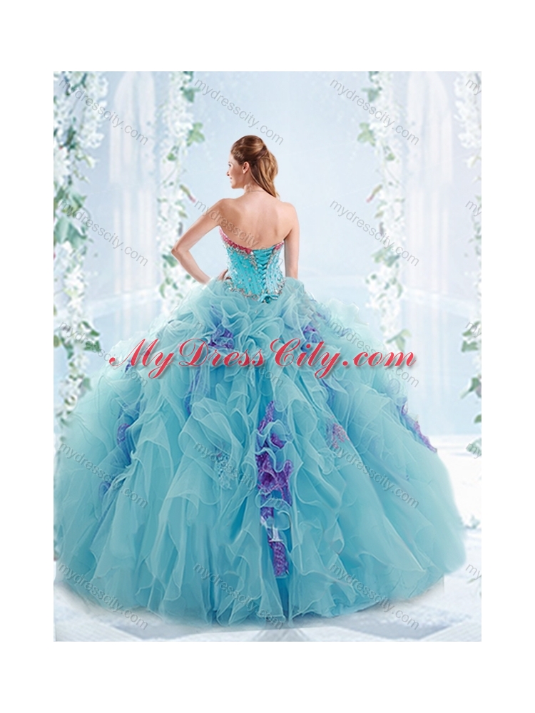 Latest Ruffled and Beaded Detachable Quinceanera Gowns in Aquamarine