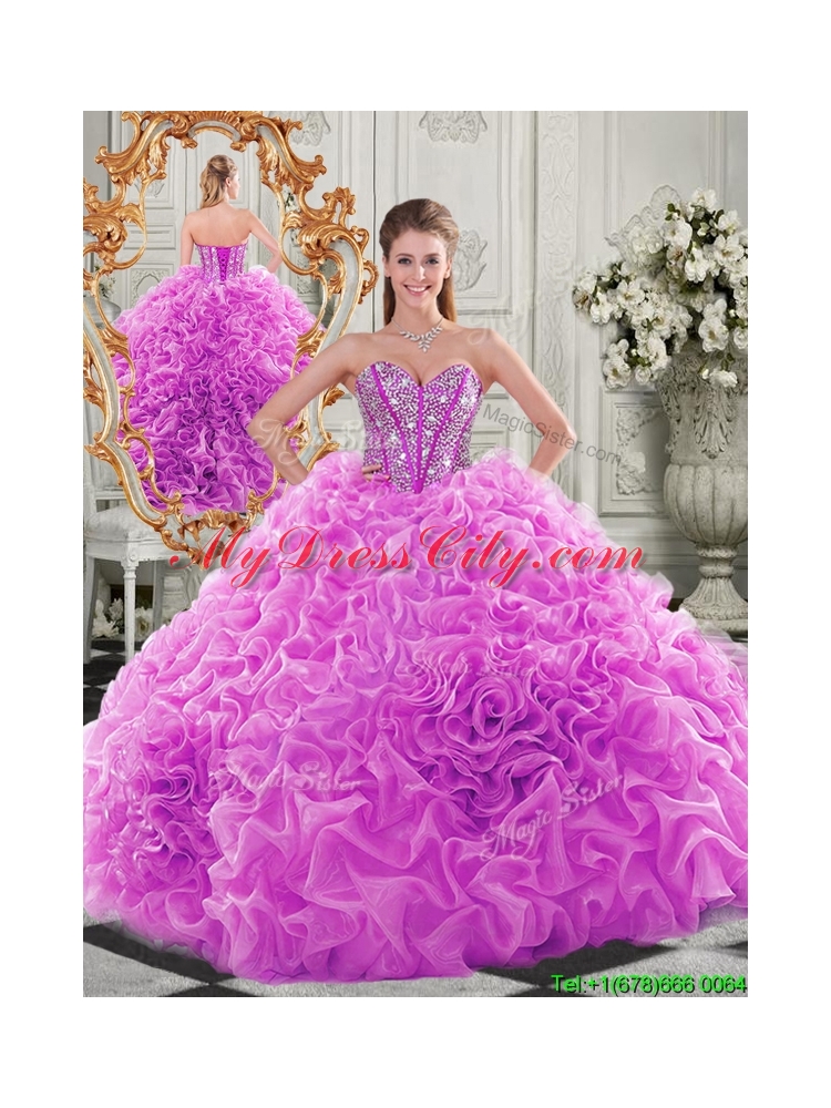 Lovely Puffy Skirt Beaded Bodice and Ruffled Quinceanera Dress in Fuchsia