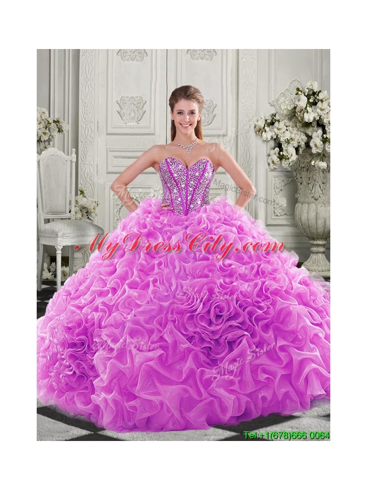 Lovely Puffy Skirt Beaded Bodice and Ruffled Quinceanera Dress in Fuchsia