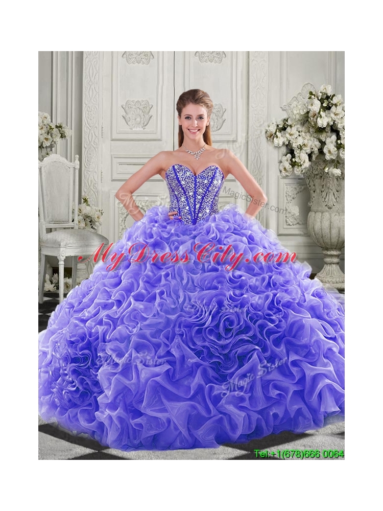 Lovely Puffy Skirt Beaded Bodice and Ruffled Quinceanera Dress in Fuchsia