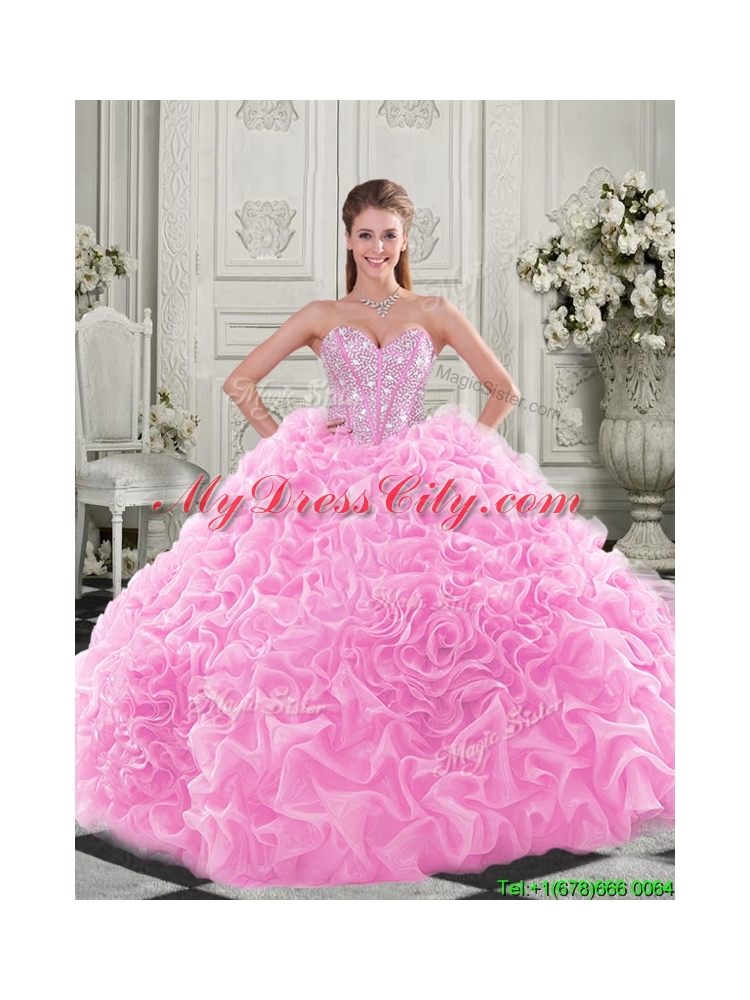 Lovely Puffy Skirt Beaded Bodice and Ruffled Quinceanera Dress in Fuchsia