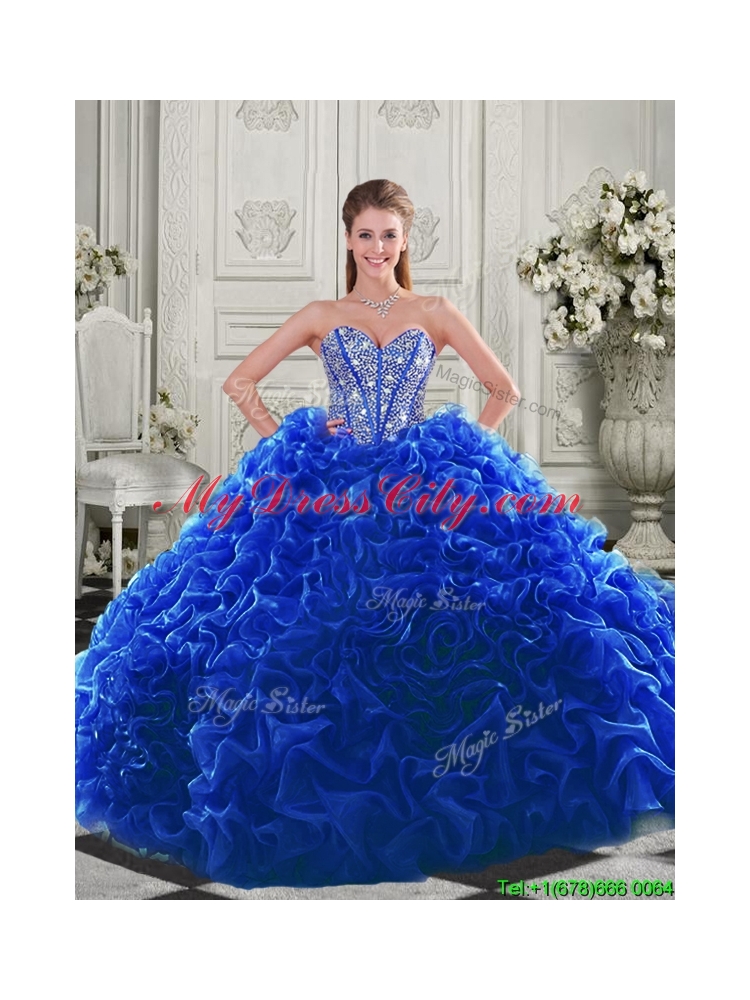 Lovely Puffy Skirt Beaded Bodice and Ruffled Quinceanera Dress in Fuchsia