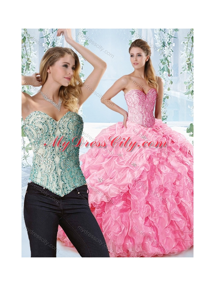 Lovely Rose Pink Detachable Quinceanera Dress with Beaded Bodice and Ruffles