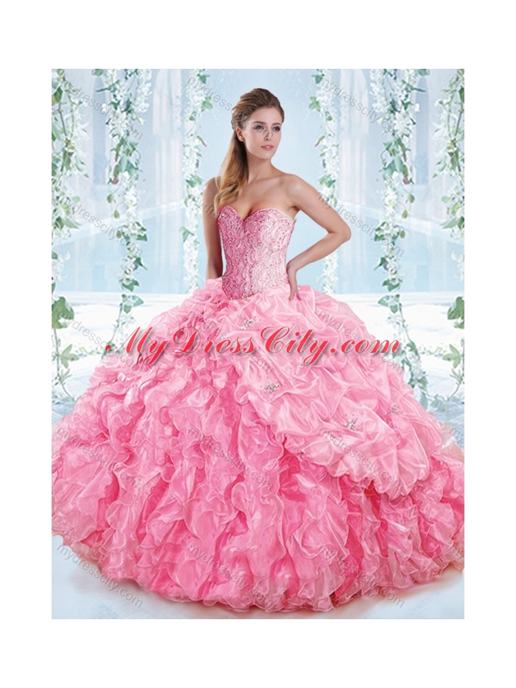 Lovely Rose Pink Detachable Quinceanera Dress with Beaded Bodice and Ruffles