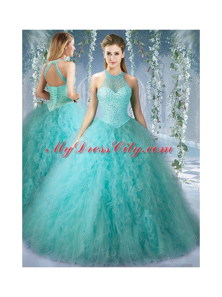 Popular Mint Quinceanera Dress With Beaded Decorated Bodice and High Neck