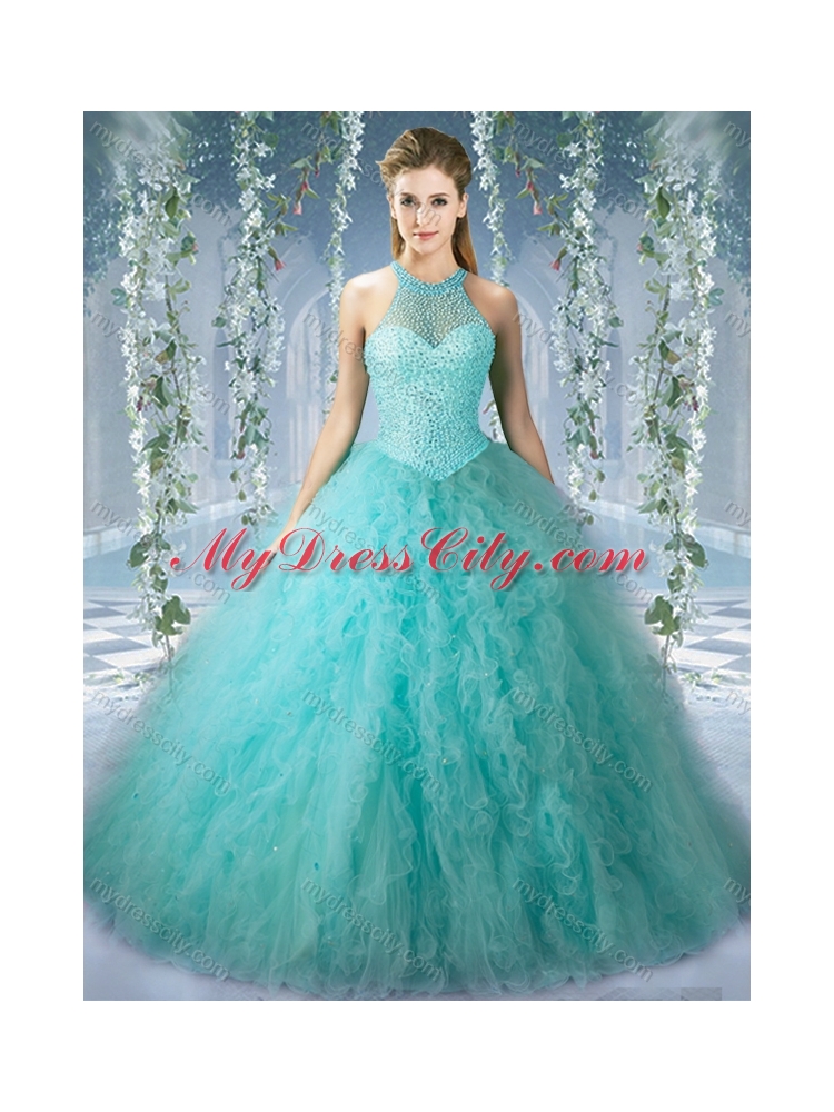 Popular Mint Quinceanera Dress With Beaded Decorated Bodice and High Neck