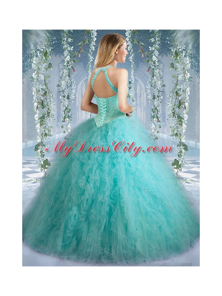 Popular Mint Quinceanera Dress With Beaded Decorated Bodice and High Neck