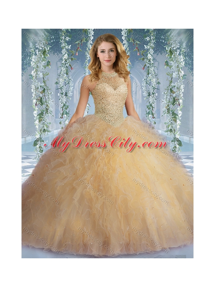 Popular Mint Quinceanera Dress With Beaded Decorated Bodice and High Neck